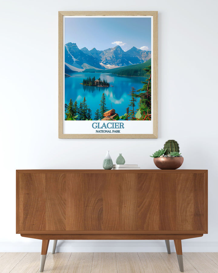 Canvas art depicting St. Mary Lake, showcasing the clear waters and majestic mountains, making it a perfect piece for those who love Americas natural beauty and scenic wonders.