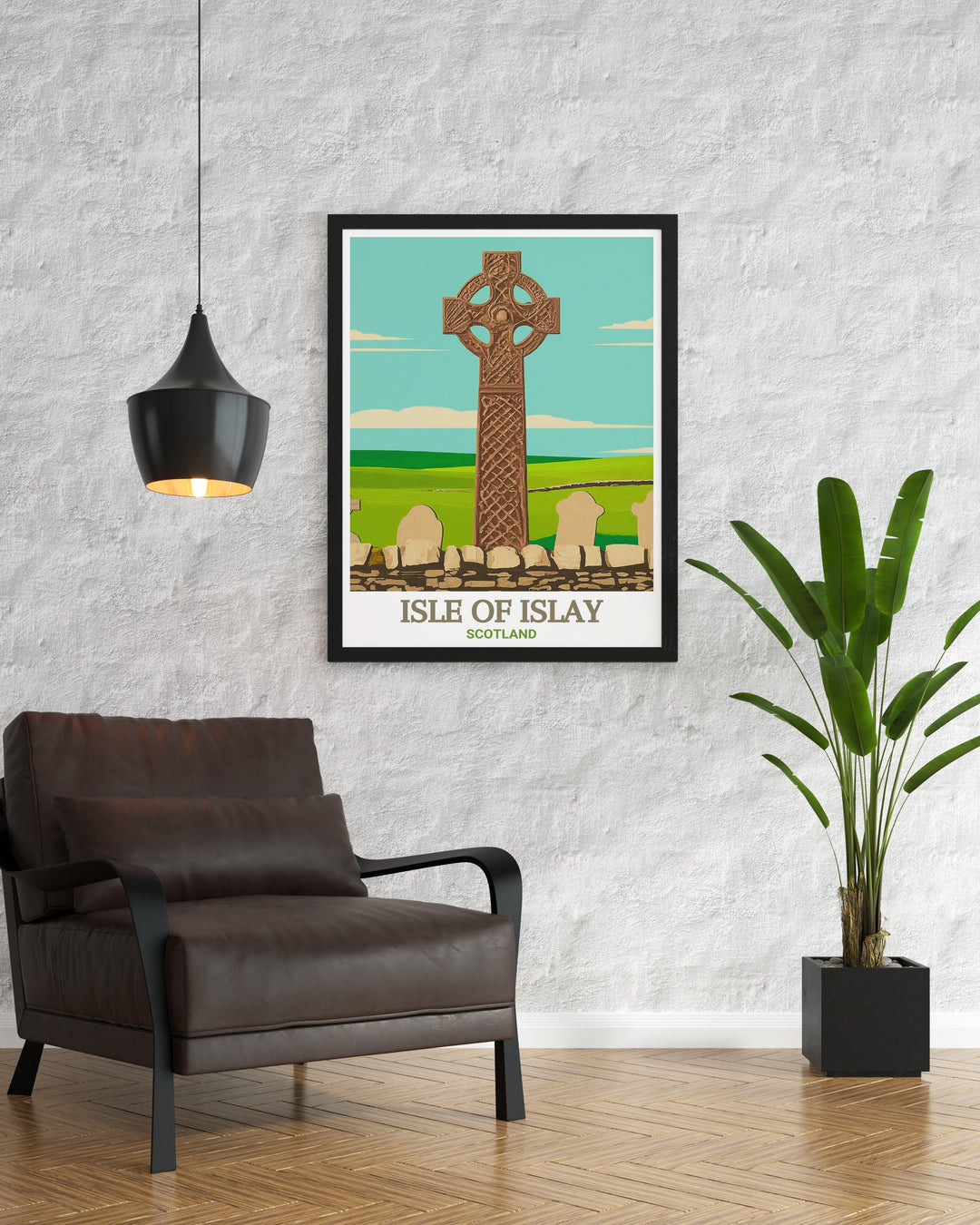 A detailed illustration of the Kildalton Cross on the Isle of Islay, focusing on the intricate carvings and the natural beauty surrounding this iconic Scottish landmark. This artwork is ideal for anyone with an appreciation for history and art.