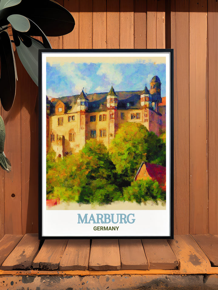 Bring the essence of Germany into your home with this captivating Marburg Castle wall print. The detailed portrayal of the castles architecture highlights its significance in German history, making it a perfect piece for any art collection. This print is a must have for anyone who appreciates the beauty of European landmarks