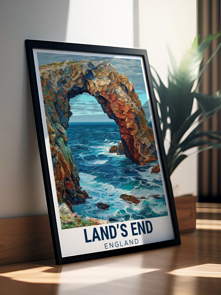 Enys Dodnan Arch artwork brings the timeless charm of Cornwalls coastal landmarks into your living room. Perfect for anyone seeking coastal decor this modern print combines vibrant colors and intricate details to create a captivating centerpiece.