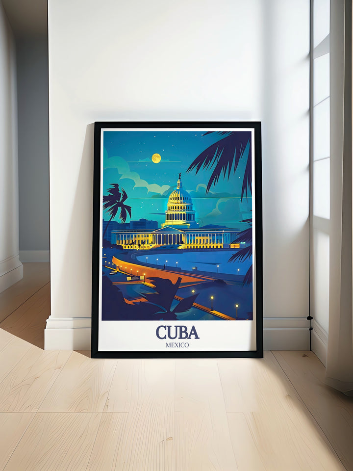 El Capitolio in Havana is beautifully represented in this canvas art, showcasing the buildings imposing dome and intricate details. A perfect addition for those who appreciate Cubas unique history and architecture, this print adds a sophisticated touch to any space.