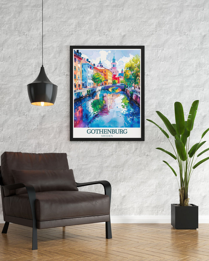 This travel poster of Gothenburg features the citys picturesque canals and historic landmarks, offering a beautiful representation of Swedens urban charm. Ideal for travelers and art lovers, this piece brings the essence of Gothenburg into your living space.