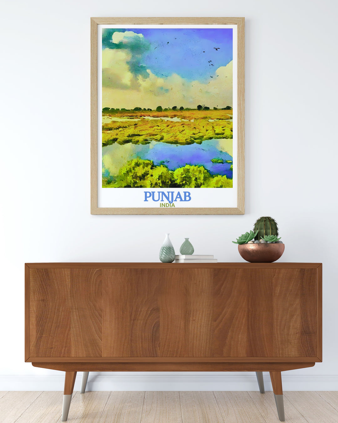 A stunning travel poster print of Punjabs Harike Wetland and Bird Sanctuary, showcasing its natural beauty and rich birdlife. This detailed artwork captures the serenity of the sanctuarys wetlands and is ideal for nature lovers and those looking to bring a touch of Punjabs wildlife into their home decor.