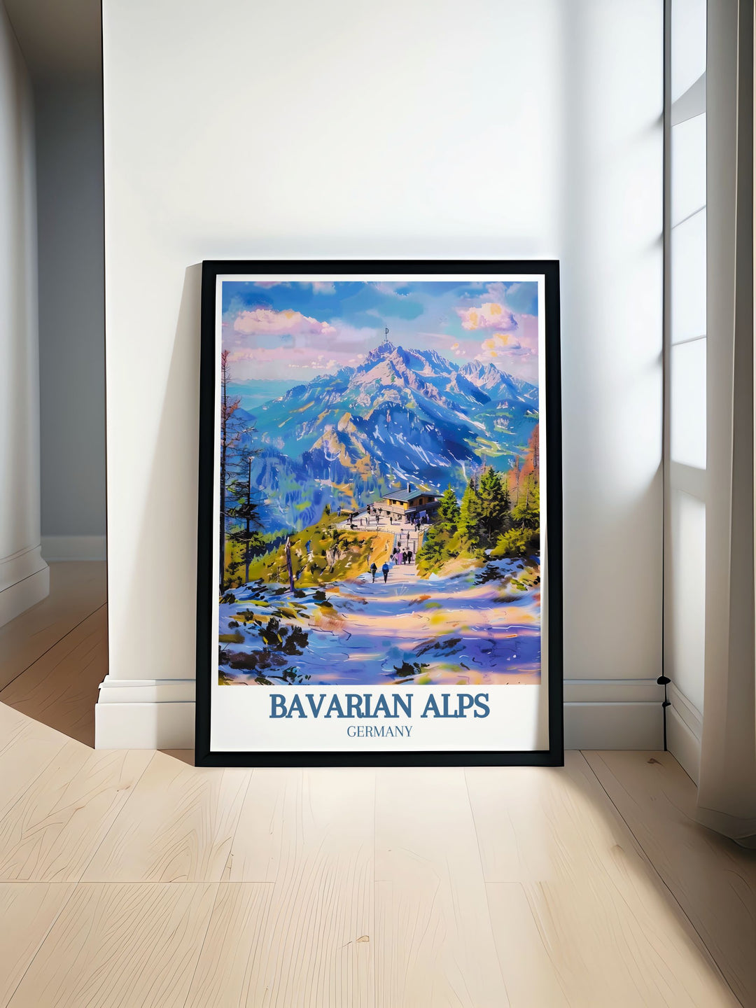 Captivating Bavarian Alps poster featuring the breathtaking Berchtesgaden National Park and the historic Eagles Nest, showcasing Germanys unique landscapes and charm. Ideal for enhancing any living space with a touch of adventure.