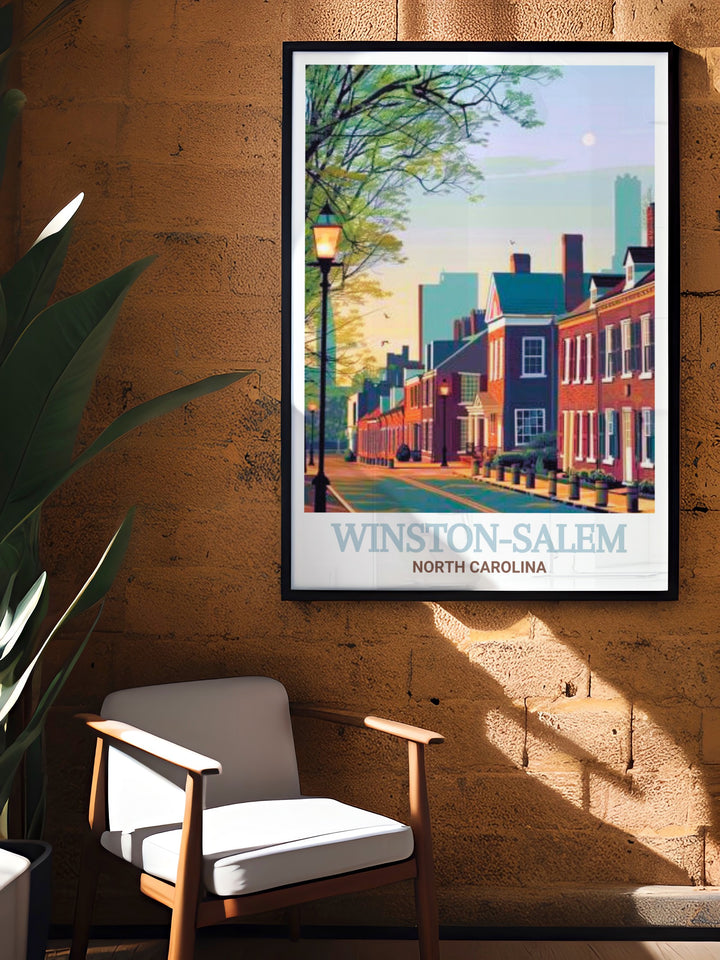 Old Salem Museums & Gardens art print in Winston Salem. This vibrant illustration captures the historical charm and beauty of the landmark, making it a perfect addition to any history enthusiasts collection. The detailed artwork showcases the gardens and architecture.