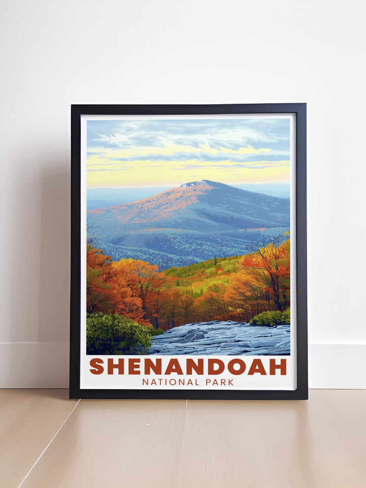 Bring the beauty of Shenandoah National Park into your home with this art print of Old Rag Mountain. The poster highlights the parks iconic summit, perfect for those who love hiking, national parks, and the great outdoors.