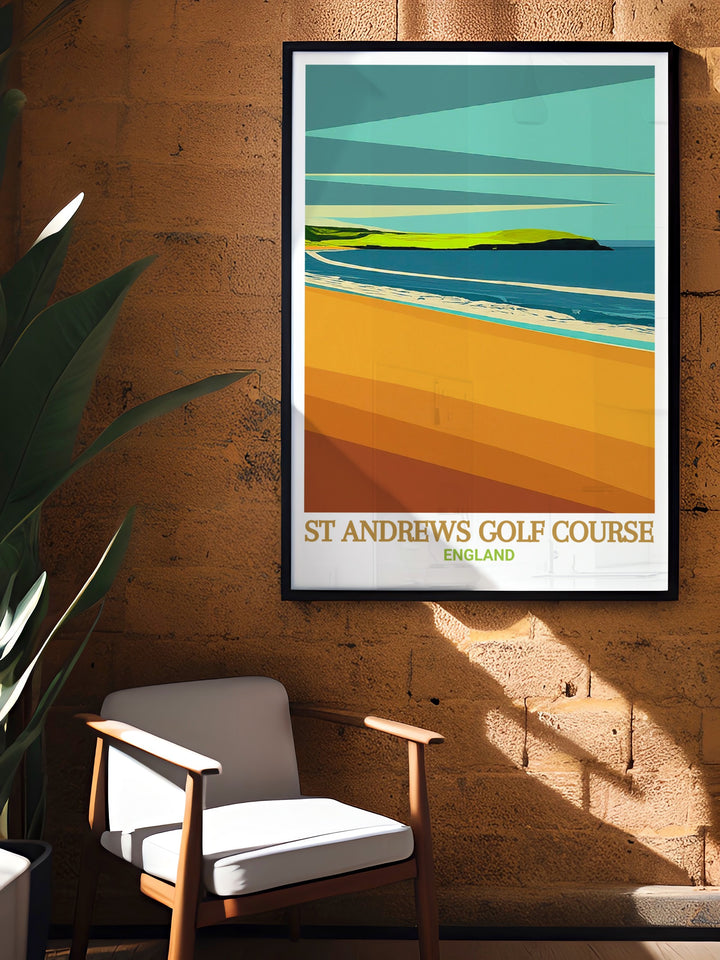 West Sands Beach travel poster, highlighting the peaceful ambiance and stunning vistas of one of Scotlands most famous beaches. The vibrant colors and detailed scenery make this wall art a standout addition to your home decor, celebrating the natural beauty of Scotland.