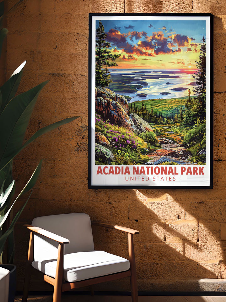 Acadia National Park travel art featuring Cadillac Mountain with bold colors and a timeless retro aesthetic. Great as a wall print to enhance the style of your home or as a thoughtful gift for nature enthusiasts.