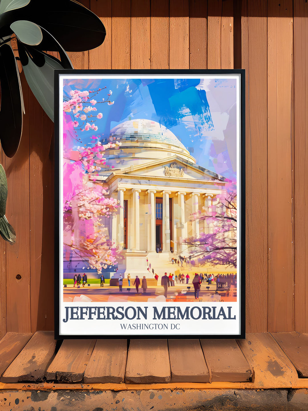 Featuring the Jefferson Memorial and its neoclassical dome, this travel print showcases the serene Tidal Basin view. Perfect for any history enthusiasts collection, this Washington D.C. wall art adds elegance to any space.