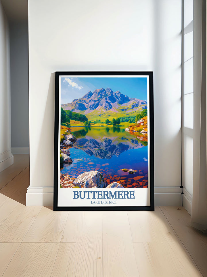 The charm of Buttermere Lake and the dramatic landscapes of the Honister Pass are brought to life in this poster, offering a piece of the Lake Districts natural allure for your home.