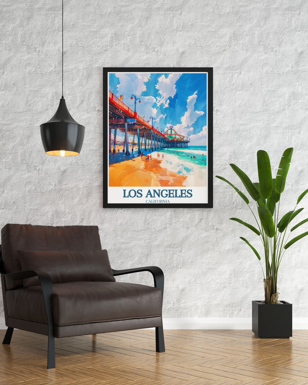 Santa Monica Pier Oceanfront Amusement Park artwork a perfect wall decor option for lovers of Los Angeles prints and travel posters showcasing the iconic amusement park and ocean backdrop in a vibrant and eye catching design