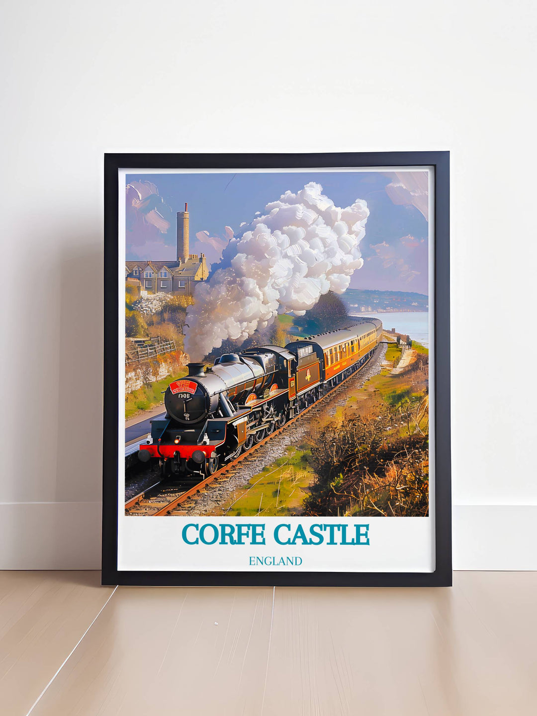 Swanage Railway modern print featuring a panoramic view of the railway and surrounding countryside perfect for UK wall art