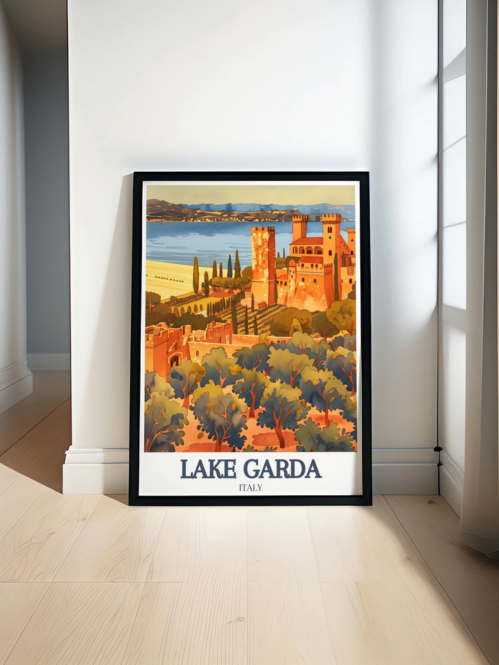 Beautiful Lake Garda poster print featuring Scaliger Castle and Grottoes of Catullus perfect for Italy wall decor and Italy art. Ideal as a gift for mom dad girlfriend or boyfriend and adds a touch of Italian charm to any living room or home decor.