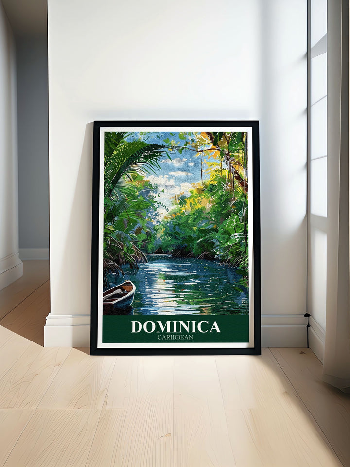 Indian River Travel Poster showcasing the serene beauty of the Dominican Republic with lush greenery and calm waters perfect for home decor and gifts ideal for those who love nature and the Caribbean vibrant and colorful wall art for any room