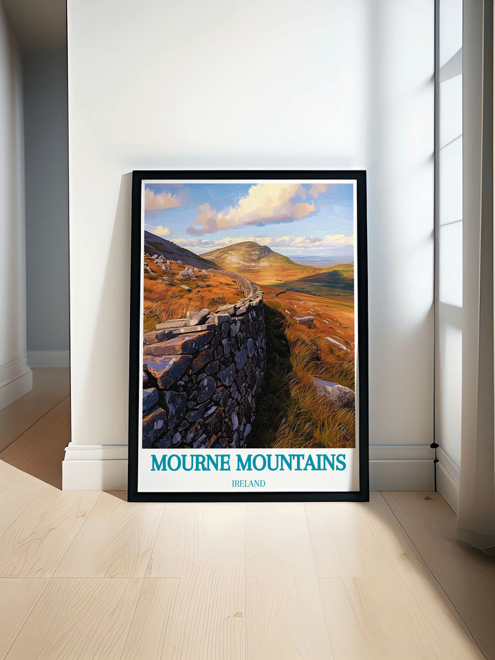 Showcasing both the rugged peaks of the Mourne Mountains and the historic Mourne Wall, this travel poster captures the unique blend of natural beauty and historical charm, perfect for enhancing your living space with elegance.