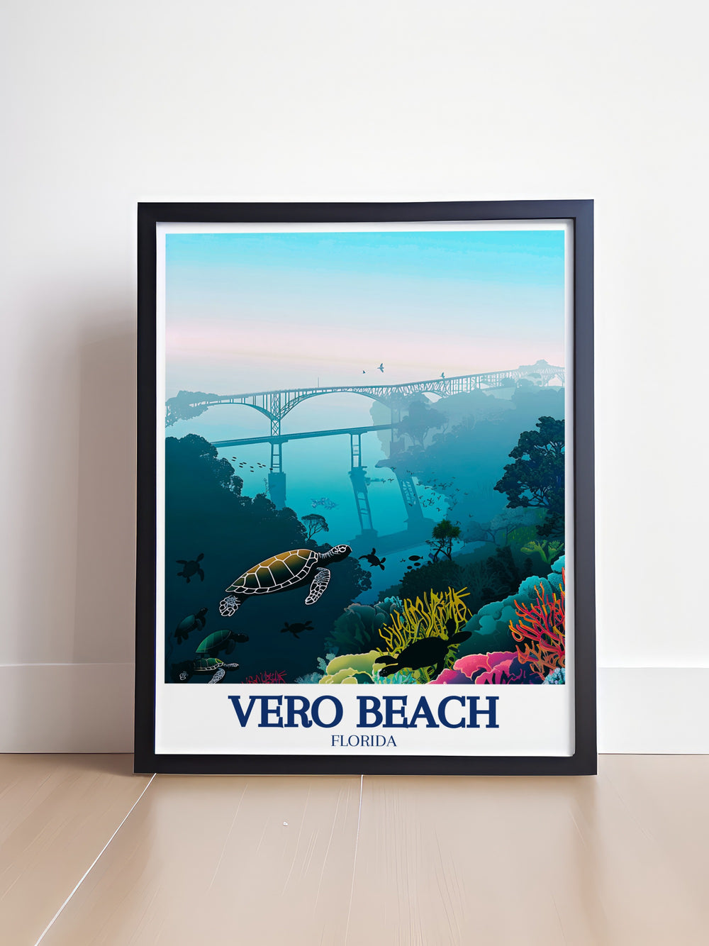 Wabasso Bridge travel print features stunning views of the Indian River and its calm waters, perfect for nature lovers and those who admire Floridas scenic beauty. Ideal for home décor, this artwork brings a sense of tranquility and adventure to any room.