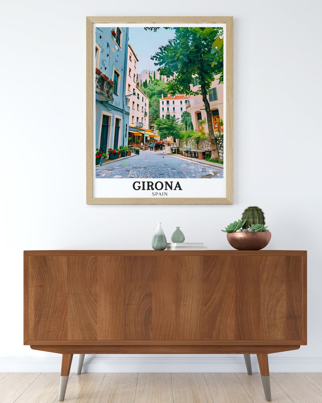 Girona travel decor showcasing a detailed print of the Old Town in Catalonia, Spain. This Spain wall art captures the essence of Gironas history and the charm of its narrow, winding streets, making it an ideal gift for lovers of Spanish culture