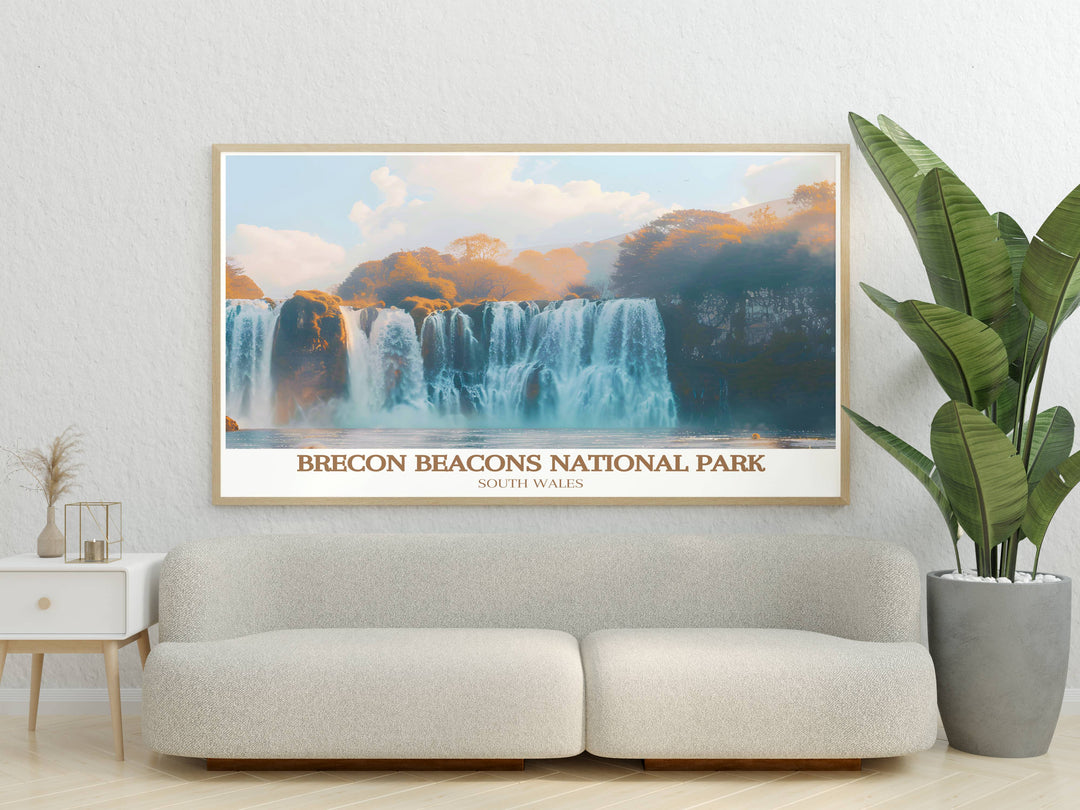 This Brecon Beacons Print features the stunning landscapes of Waterfall Country in Wales. Perfect for home decor this vibrant National Park Poster brings the beauty of the Black Mountains to life with intricate details and vivid colors creating a breathtaking view.