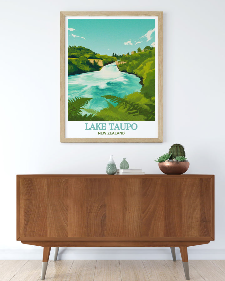 Lake Taupo Vintage Poster reflecting the timeless allure of New Zealands cherished landmarks, with a classic design that evokes nostalgia and adventure, showcasing the tranquil expanse of Lake Taupo alongside the dynamic spectacle of Huka Falls to enhance your decor with historical charm.