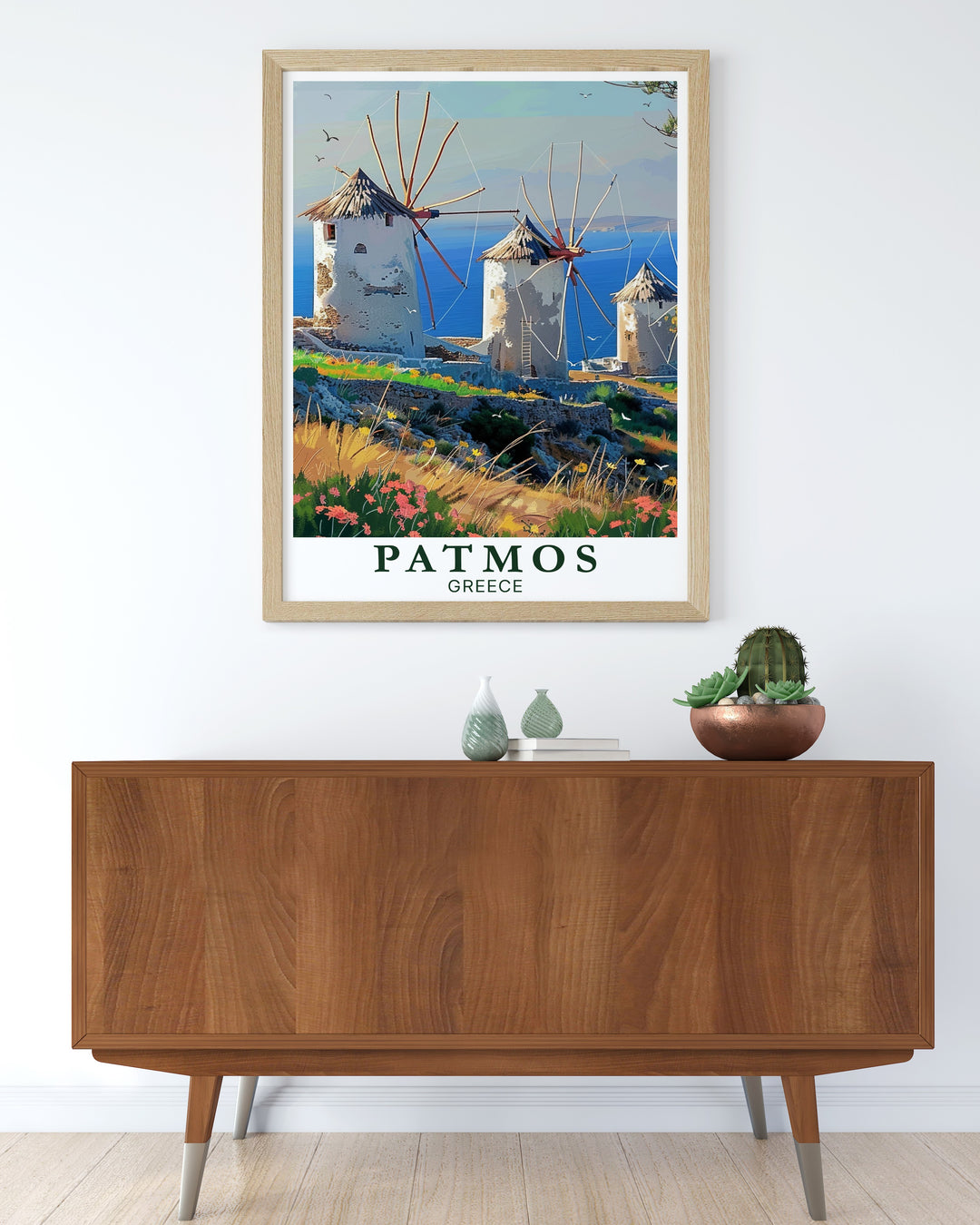 Windmills of Patmos wall art and Patmos wall poster offering a stunning depiction of Greek island life this elegant home decor piece captures the tranquility of Patmos and the charm of Windmills of Patmos ideal for enhancing any living room or office space