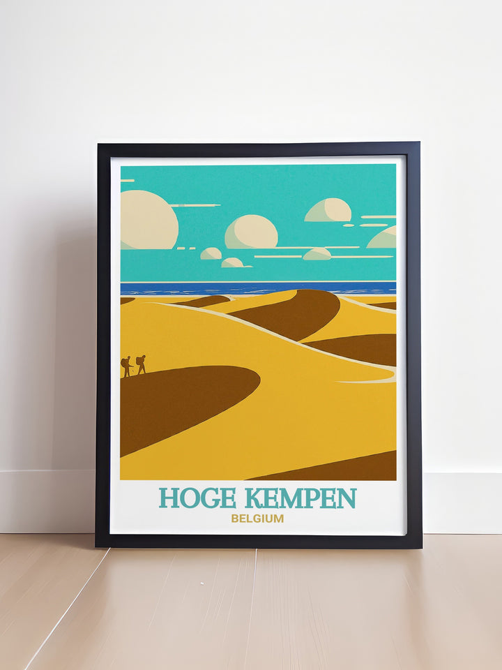 Explore Belgiums natural beauty with a travel poster featuring the rolling hills of Hoge Kempen National Park and the sweeping dunes of the Dune Belt, ideal for any nature enthusiasts home decor.