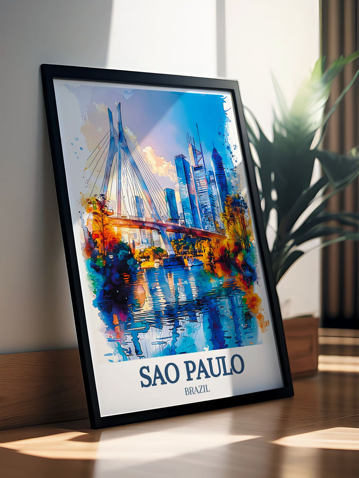 This travel poster of São Paulos Octávio Frias de Oliveira Bridge showcases the unique structure towering above the Marginal Pinheiros expressway. Its bold design and the urban setting make it a perfect piece of art for anyone fascinated by modern architecture and Brazils cityscapes.