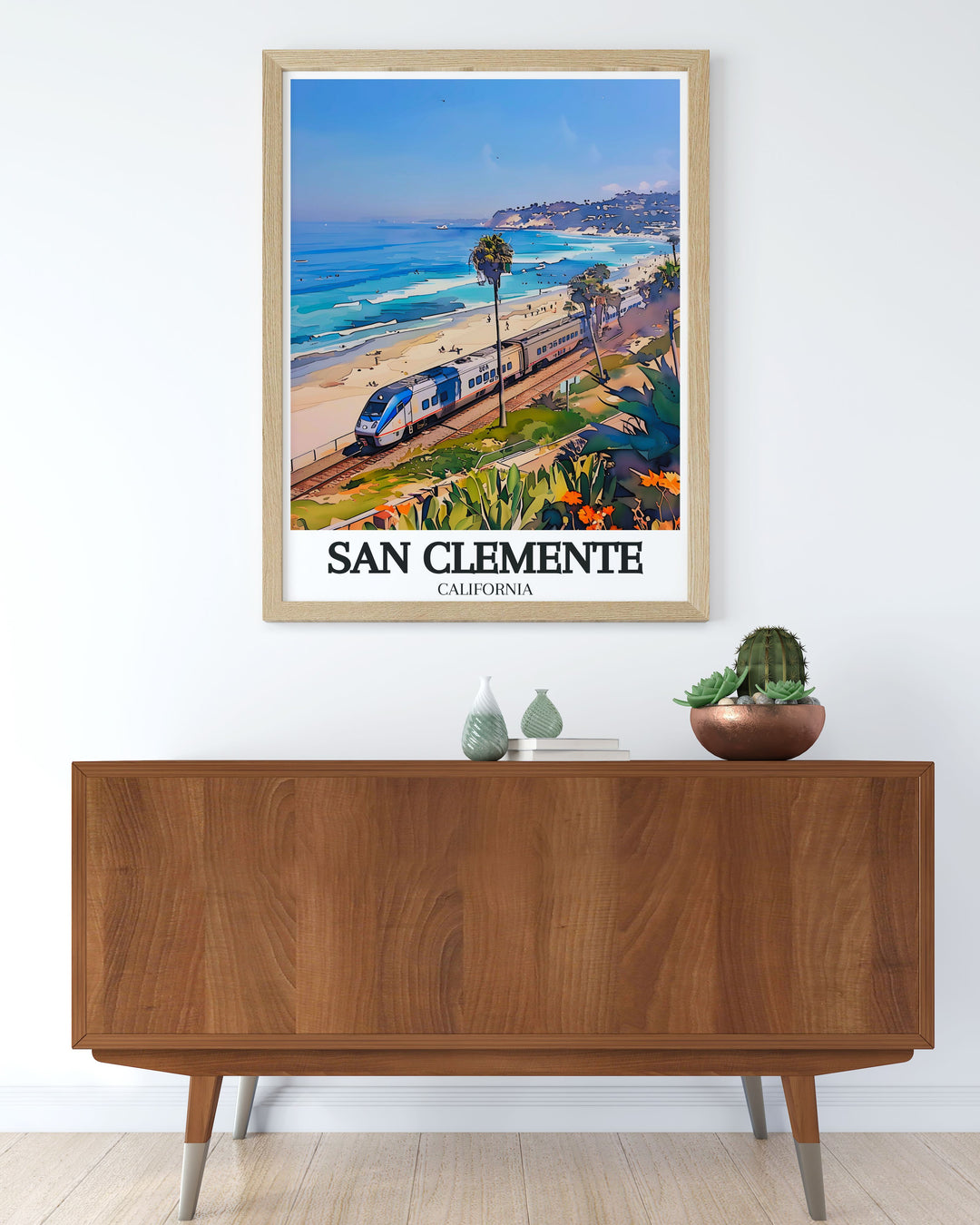 Elegant San Clemente Wall Art capturing the beauty of Railfanning train San Clemente pier. A perfect addition to your home decor this print makes an excellent anniversary or birthday gift.