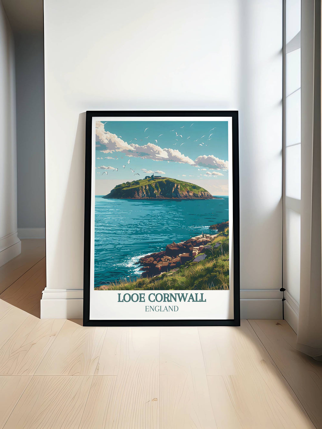 Looe Island Modern print showcasing the serene coastal views of Looe Island with a refined vintage style perfect for elegant home decor.