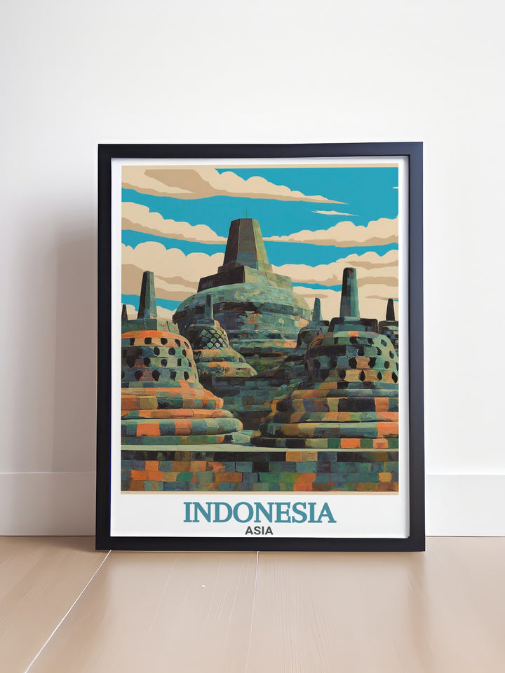 Capture the serene beauty of Borobudur Temple and the vibrant culture of Bali with this Indonesia travel poster print. This artwork blends the iconic Borobudur temples majestic architecture with Balis tropical allure, perfect for enhancing any space with cultural richness.