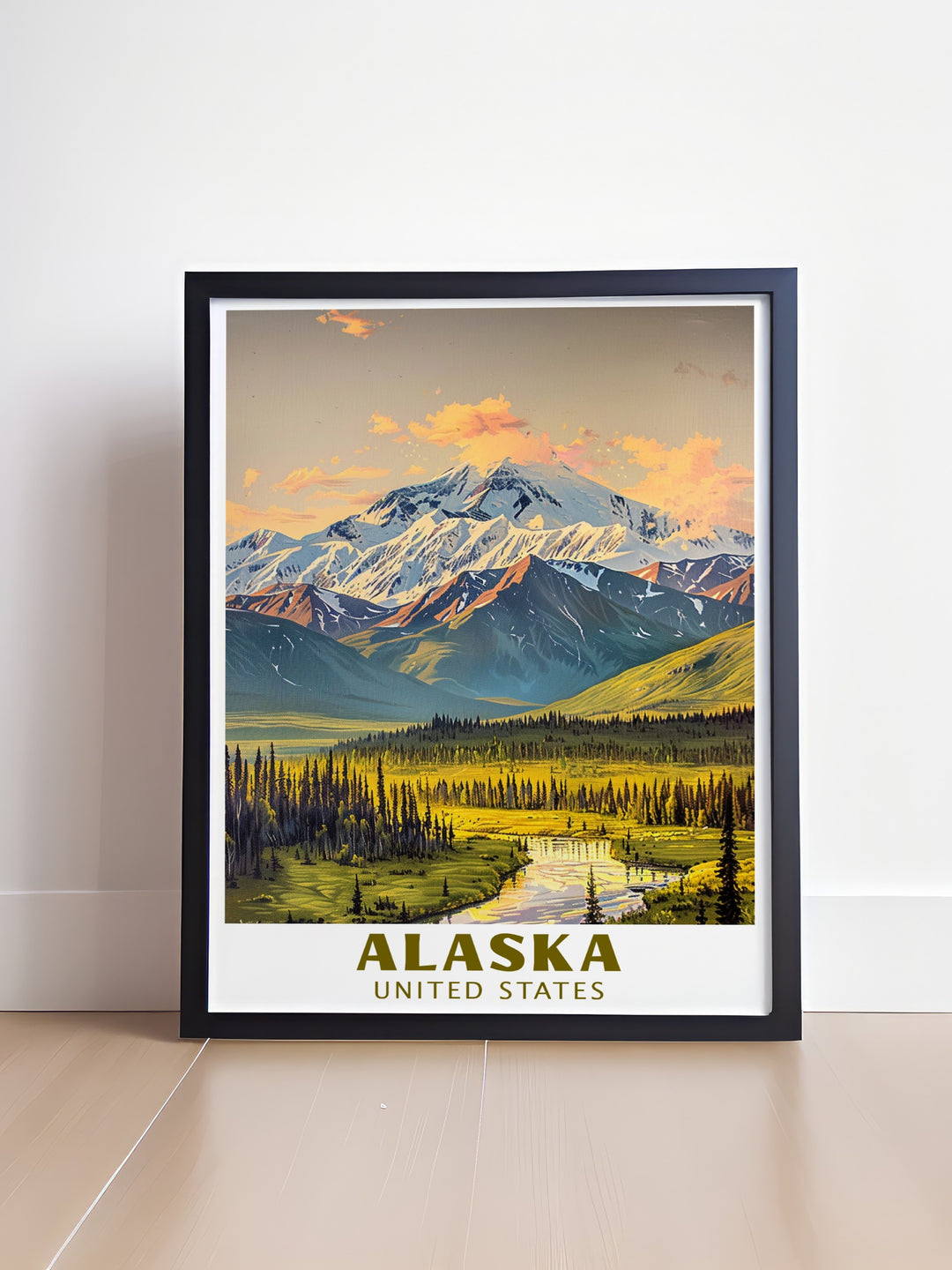 This travel print of Denali captures the awe inspiring beauty of Alaskas most famous landmark. With its towering peaks and expansive landscapes, this poster is a great way to bring a piece of Alaskas wilderness into your home. Ideal for nature lovers and travelers alike.