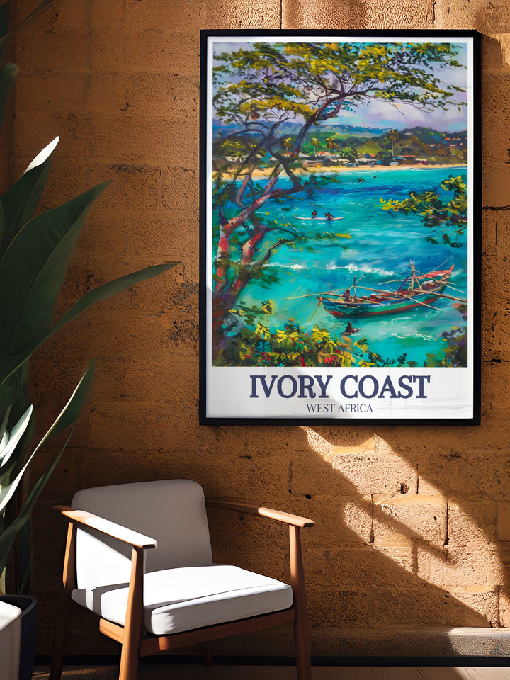 Bring the calming waters of Assinie Mafia Lagoon and the historic beauty of Grand Bassam Beach into your home with this Ivory Coast travel poster. This coastal inspired art print highlights the natural elegance of these Ivorian destinations, making it an ideal addition to any decor.