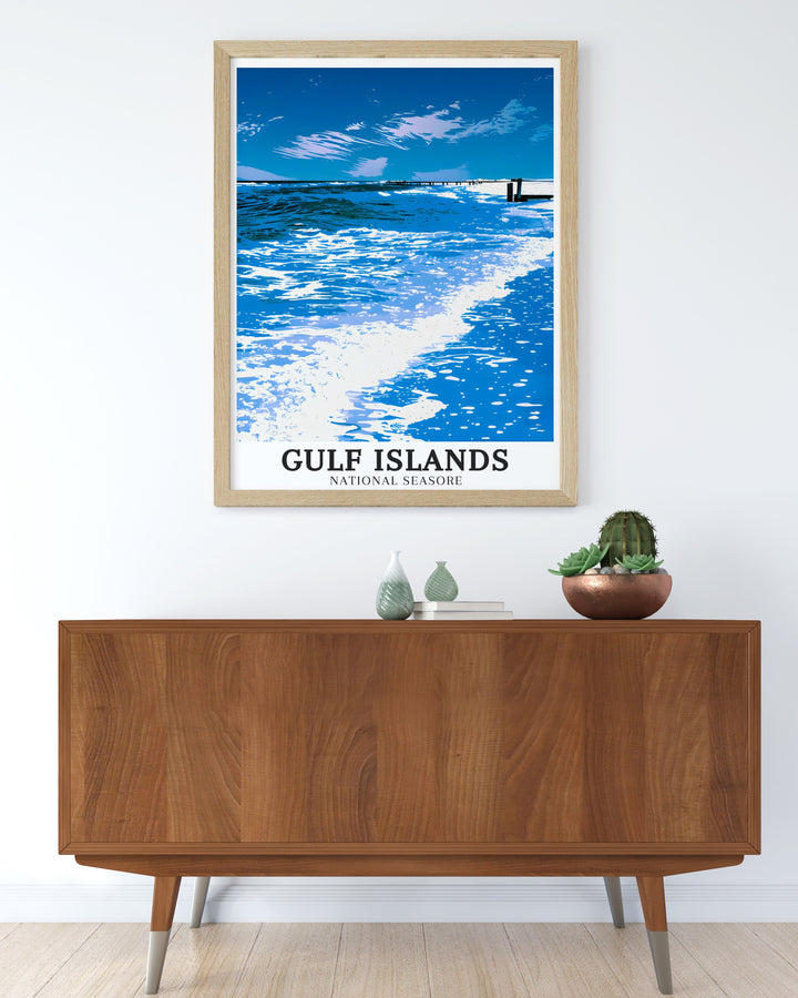 This Pensacola Beach travel print showcases the stunning coastline of one of Floridas most popular beach destinations. From the pristine sand to the calm waters, this artwork captures the essence of a perfect beach day in Pensacola. Whether youre decorating a coastal themed room or adding to your travel collection, this print adds a peaceful and elegant touch.