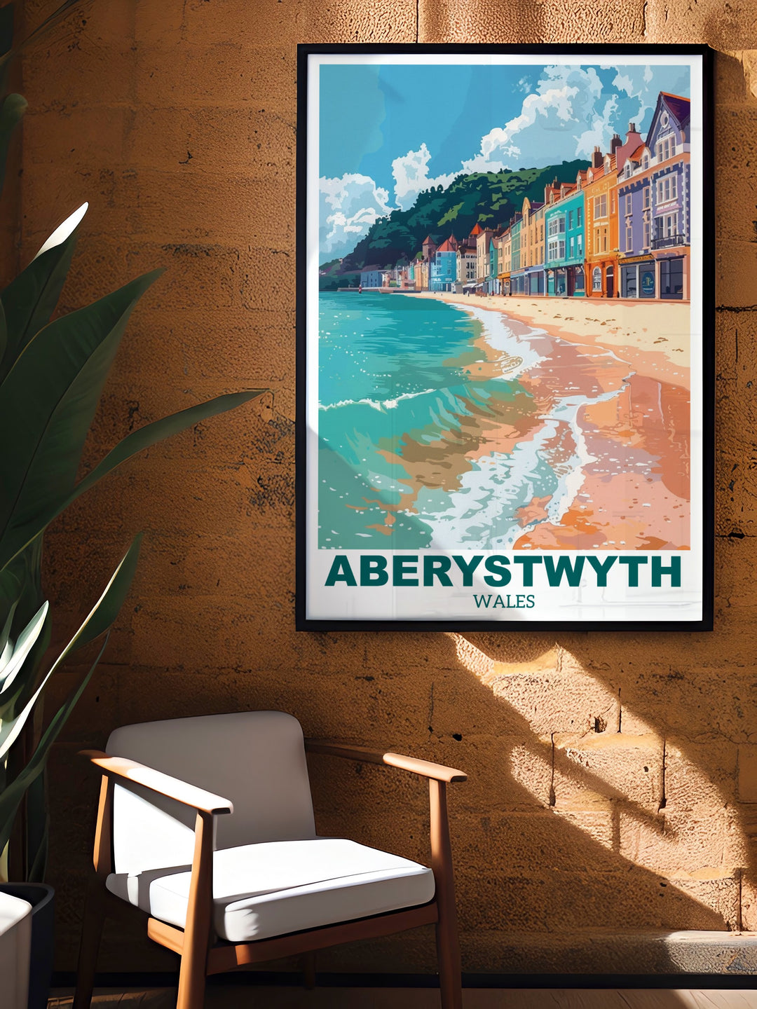 This Ceredigion art print highlights Aberystwyths waterfront, with its picturesque promenade and sweeping views of Cardigan Bay. The illustration captures the quiet beauty of Wales coastal town, making it a perfect addition to any space that needs a touch of serenity and elegance.