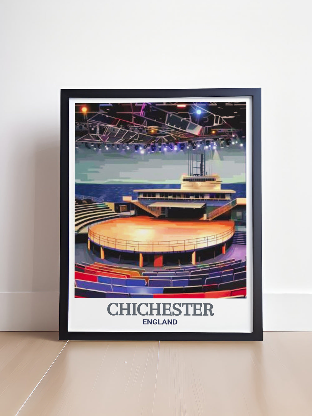 Chichester Festival Theatre, with its striking design and rich cultural history, is the centerpiece of this home decor print, offering a blend of modern architecture and artistic heritage.