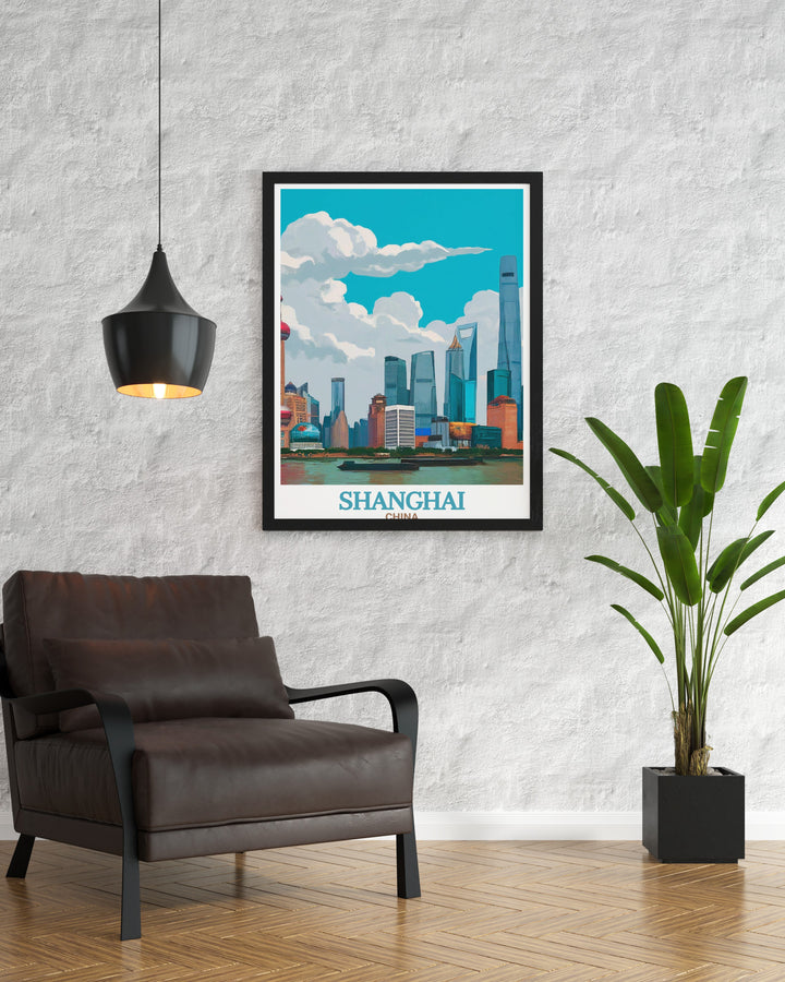 This Shanghai travel poster captures the timeless beauty of The Bund, where historic buildings stand proud against a backdrop of modern skyscrapers. A wonderful gift or wall art addition, this print celebrates the rich culture and energy of Shanghai.