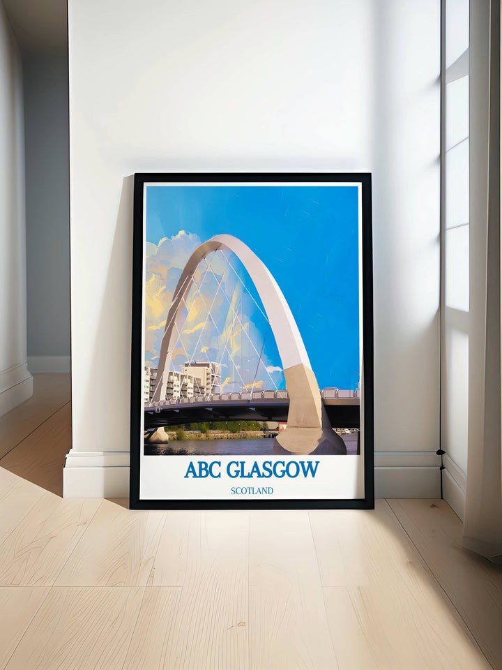 Vibrant print featuring The Clyde Arc showcasing its modern design alongside Glasgows iconic music venues like O2 Academy and ABC Glasgow.