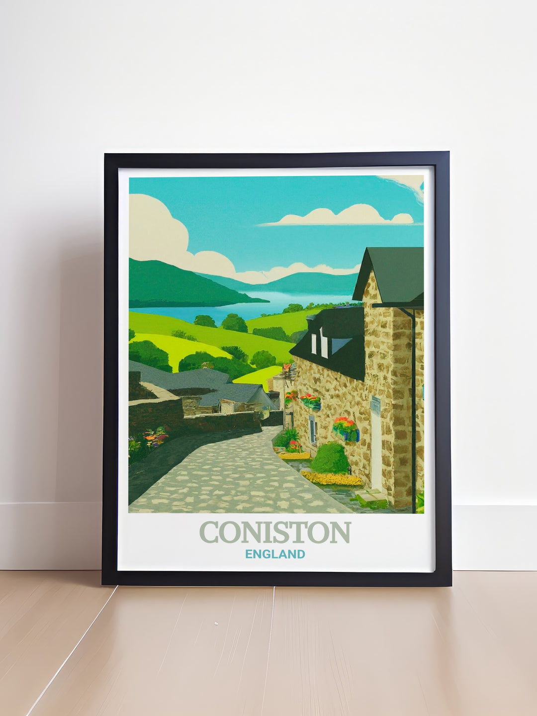 A scenic wall print of Coniston Village in the Lake District, featuring the calm waters of Coniston Water and the peaceful village, perfect for enhancing the atmosphere of your home or office.