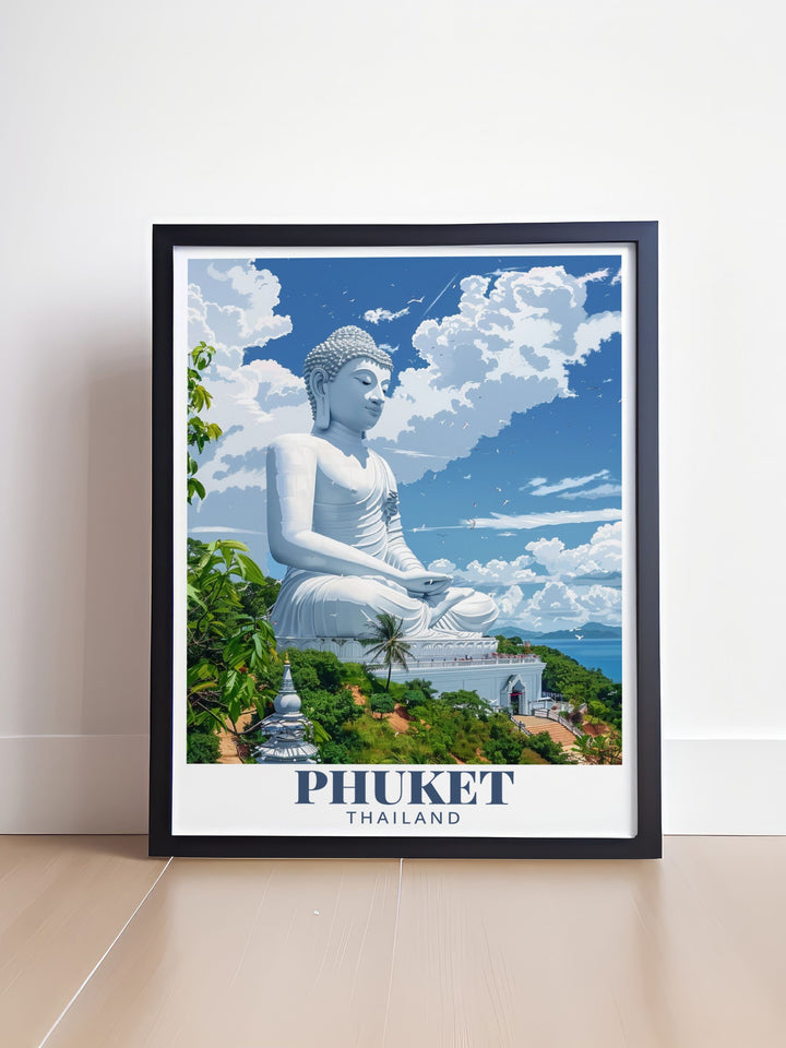 Big Buddha vintage print celebrating Thailands cultural heritage a perfect addition to any wall art collection offering a glimpse into the spiritual side of Thai islands and their beautiful landscapes