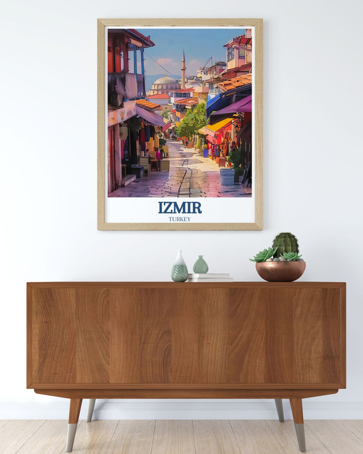 Our Izmir wall art features the iconic Kemeralti Bazaar and the Başdurak Mosque, two of the citys most beloved landmarks. This travel print offers a glimpse into Turkeys rich cultural history, perfect for adding a touch of elegance to any living space.