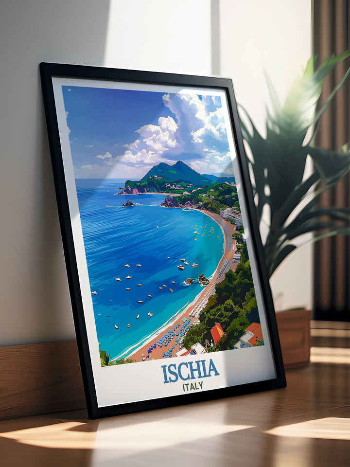 Ischia travel print featuring Maronti Beach, Italy, with vibrant colors and detailed design. Perfect for beach lovers and those who adore Italian culture, this artwork makes a stunning home decoration or a thoughtful gift for special occasions.