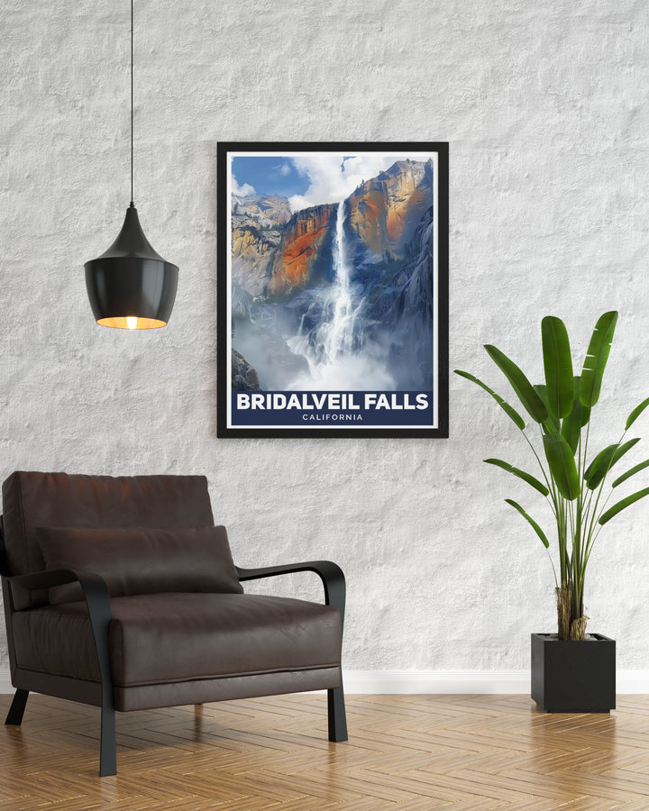 Experience the beauty of Bridalveil Falls with this Closeup art print highlighting the cascading waters and vibrant foliage a perfect piece for California decor enthusiasts and a unique California gift for art lovers. Elevate your space with this stunning travel artwork.