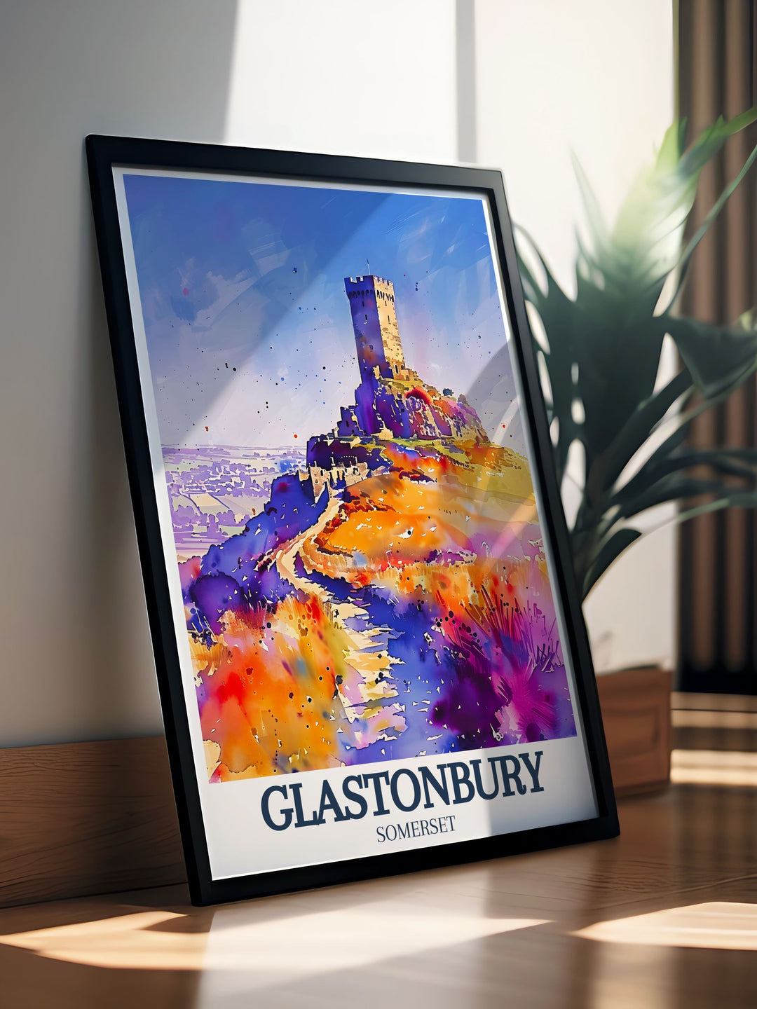 Elegant Glastonbury Tor art print highlighting the beauty of St. Michaels tower and Somerset levels an excellent choice for UK wall art and perfect for those seeking unique England travel gifts or captivating home decor pieces.