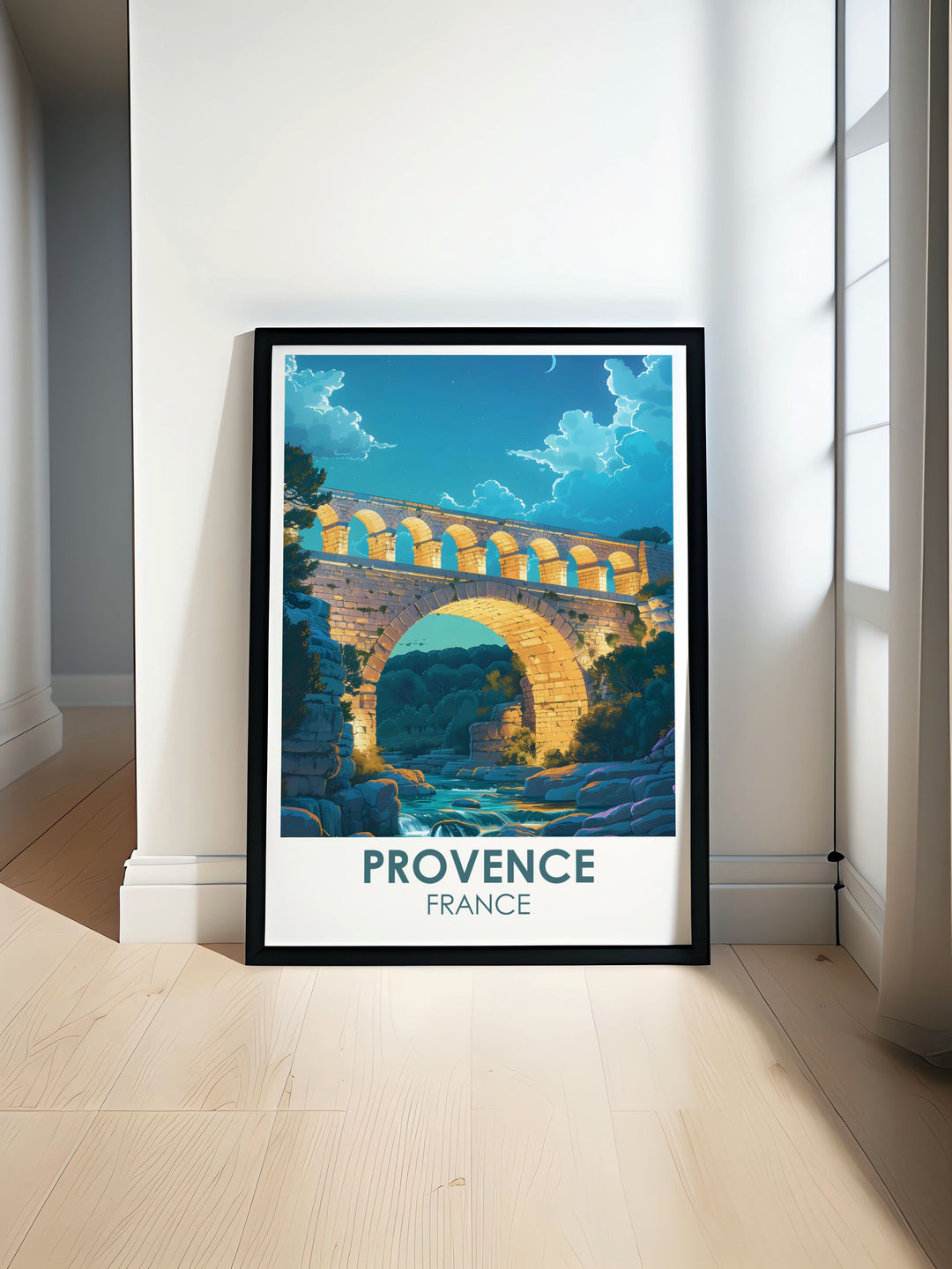 Delve into the rich history of Provence with this travel poster of the Pont du Gard, showcasing the ancient Roman aqueduct and its enduring legacy.