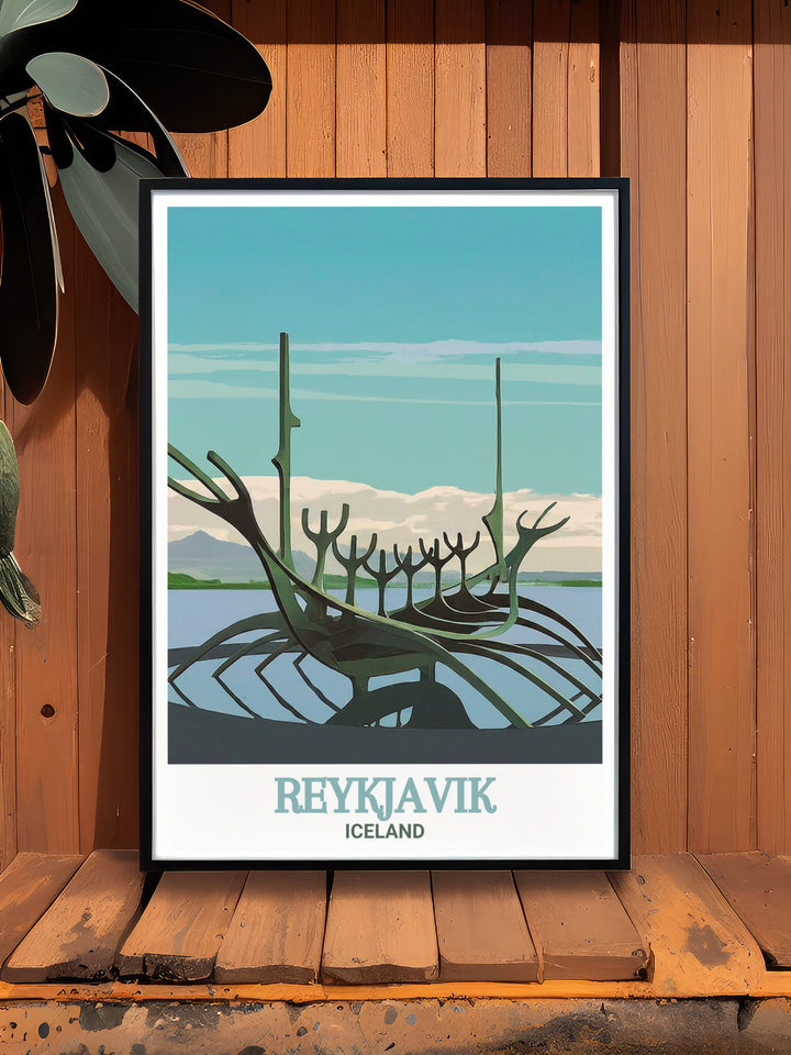 Reykjavik wall print showcasing the Sun Voyager sculpture, a centerpiece of Reykjaviks public art, set against the beautiful Icelandic landscape. This travel poster is a perfect addition to any Nordic inspired decor.