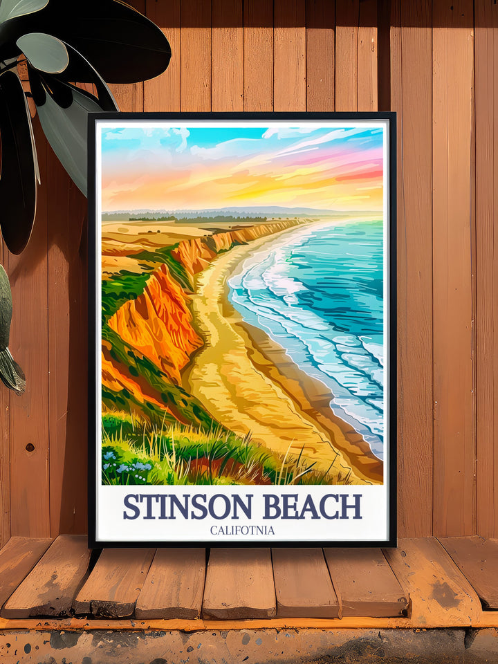 A vibrant travel print featuring the Pacific Ocean and Stinson Beach, this artwork showcases the tranquil beauty of Marin Countys coastline. The illustration highlights the interplay between the calm waves and the rugged shore, making it an excellent addition to beach themed wall art.