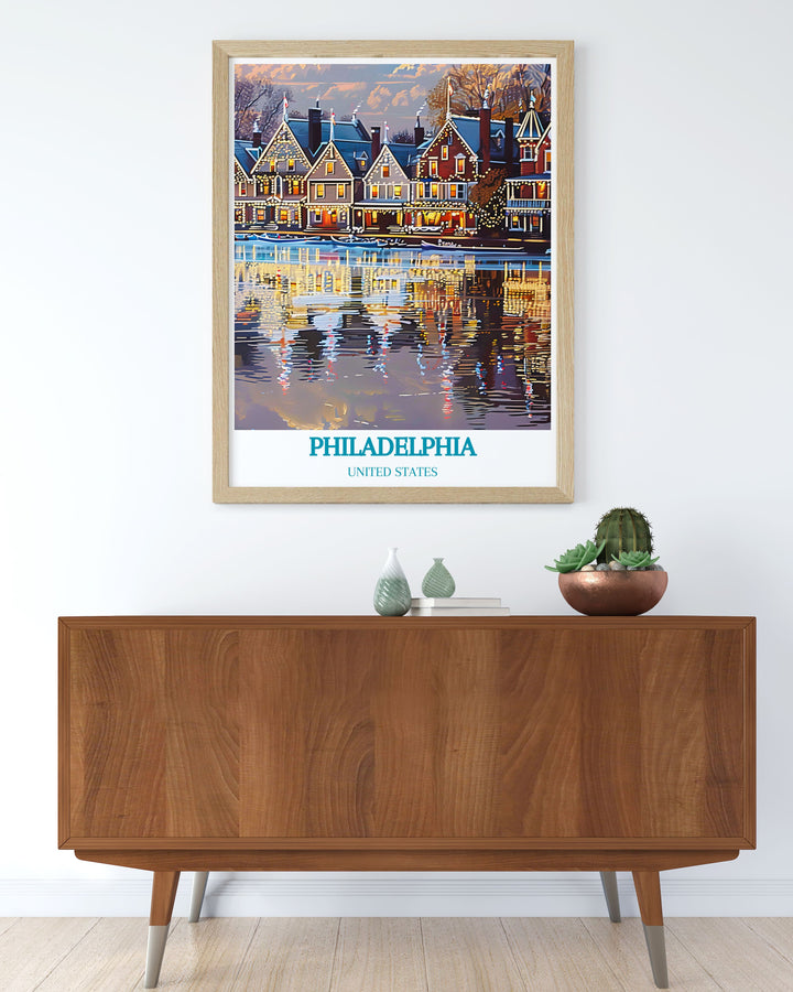 Discover the architectural elegance of Boathouse Row with this travel poster, capturing the unique designs and cultural heritage of each boathouse along the Schuylkill River.