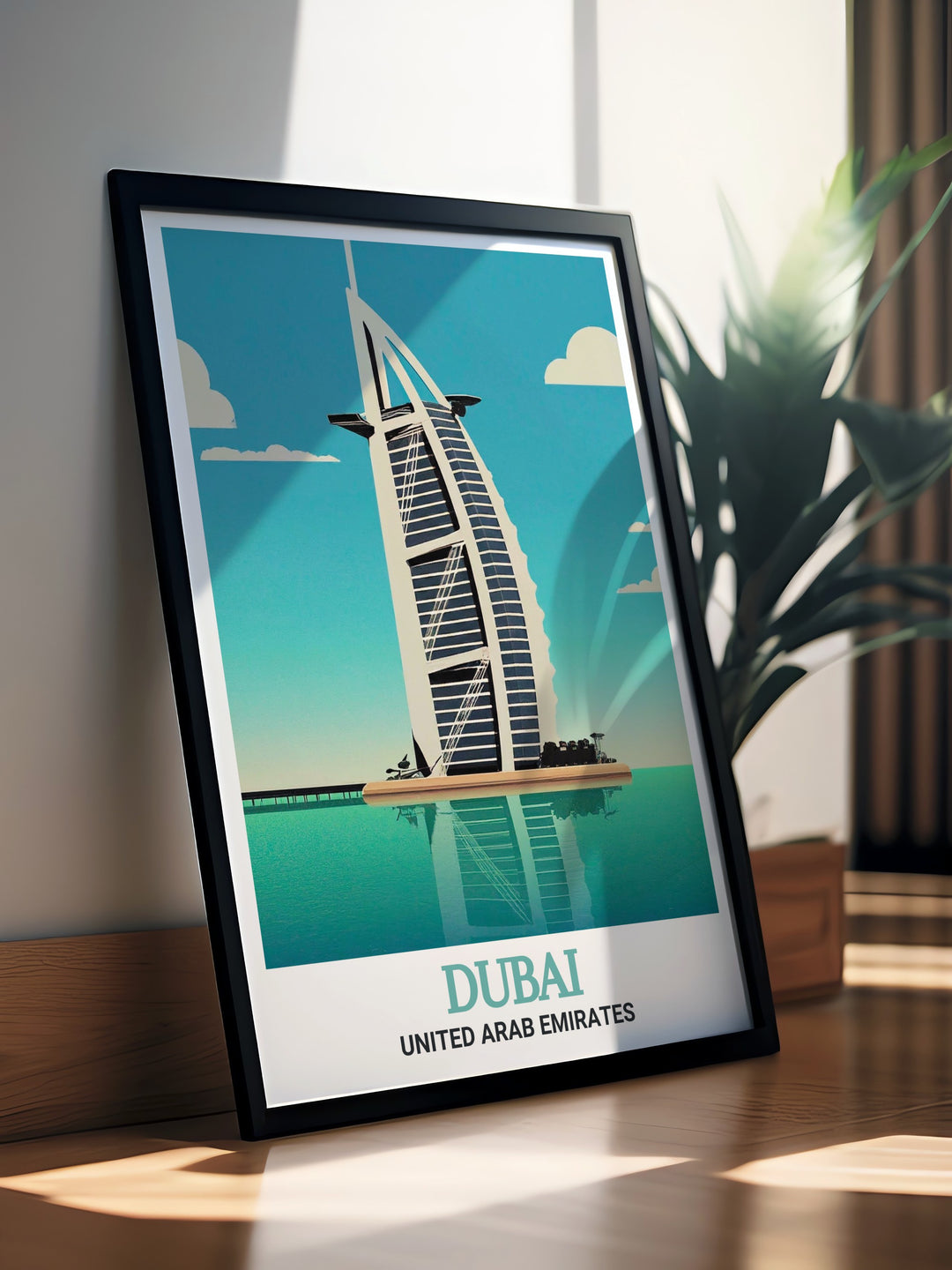 Stunning living room decor featuring the Burj Al Arab and Dubai cityscape in a black and white fine line print ideal for adding a touch of sophistication and culture to your home or office space