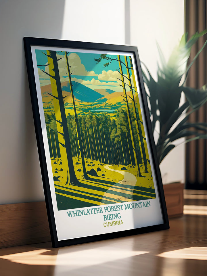 Whinlatter Forest travel print brings the excitement of mountain biking and the serene beauty of Cumbrias forests into your home décor. Featuring the stunning landscapes of Whinlatter Forest Park, this artwork is perfect for those who love outdoor exploration.