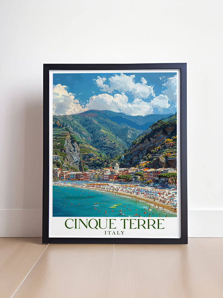 Vibrant Monterosso al Mares beach poster from Cinque Terre a beautiful addition to your home decor that captures the lively spirit and breathtaking views of this beloved Italian destination perfect for travel enthusiasts.