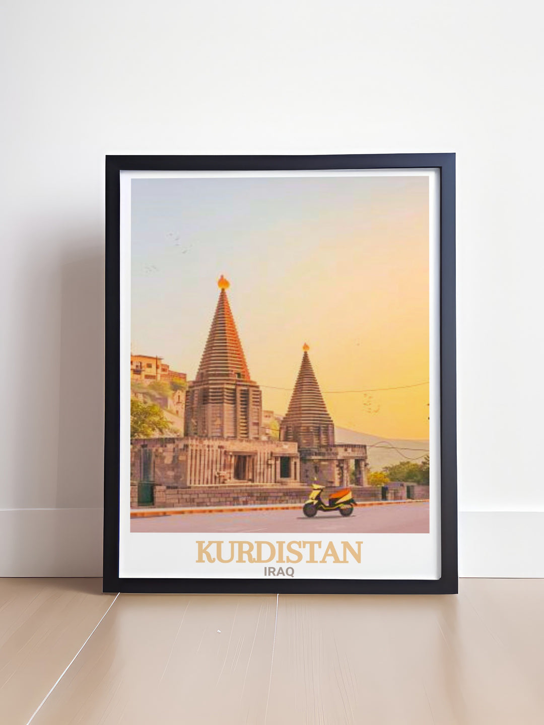 This Kurdistan wall art showcases the beauty of Lalish Temple, one of Iraqs most important cultural landmarks. The black and white design adds a minimalist aesthetic, making it perfect for modern interiors.